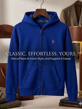 Polo by Ralph Lauren Men's Electric Blue Zip-Up Hoodie with Orange Pony